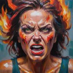 A fiercely expressive painting of an angry woman with strong features, flaming eyes, and intense colors radiating from her, capturing her unleashed power and emotion.