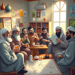 A vibrant and culturally rich scene depicting eight Muslim male teachers engaged in a joyful tea-drinking moment