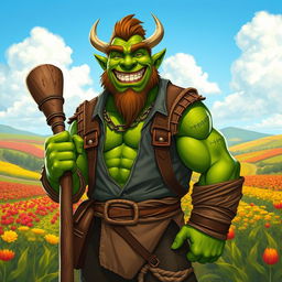 A happy orc farmer with rugged handsomeness and green skin stands confidently in a flourishing farm environment