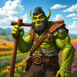 A happy orc farmer with rugged handsomeness and green skin stands confidently in a flourishing farm environment