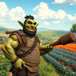 A happy orc farmer with rugged handsomeness and green skin stands confidently in a flourishing farm environment