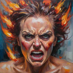 A fiercely expressive painting of an angry woman with strong features, flaming eyes, and intense colors radiating from her, capturing her unleashed power and emotion.