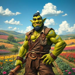 A happy orc farmer with rugged handsomeness and green skin stands confidently in a flourishing farm environment