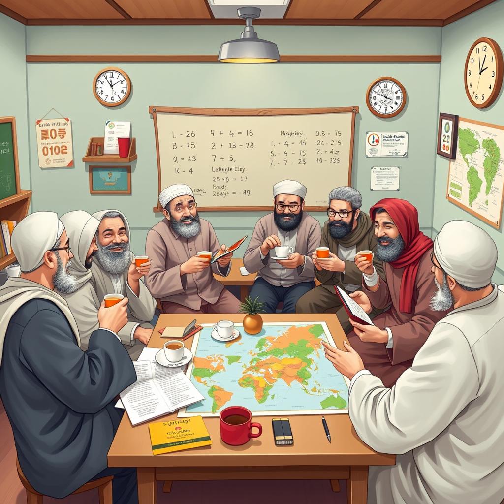 An inviting and lively classroom scene illustrating the theme "The taste of tea comes from those who accompany it," featuring eight Muslim male teachers joyfully enjoying tea together