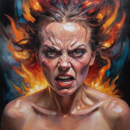 A fiercely expressive painting of an angry woman with strong features, flaming eyes, and intense colors radiating from her, capturing her unleashed power and emotion.