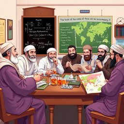 An inviting and lively classroom scene illustrating the theme "The taste of tea comes from those who accompany it," featuring eight Muslim male teachers joyfully enjoying tea together