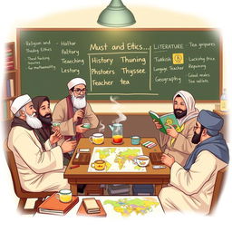 An inviting and lively classroom scene illustrating the theme "The taste of tea comes from those who accompany it," featuring eight Muslim male teachers joyfully enjoying tea together