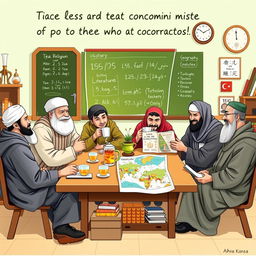 An inviting and lively classroom scene illustrating the theme "The taste of tea comes from those who accompany it," featuring eight Muslim male teachers joyfully enjoying tea together