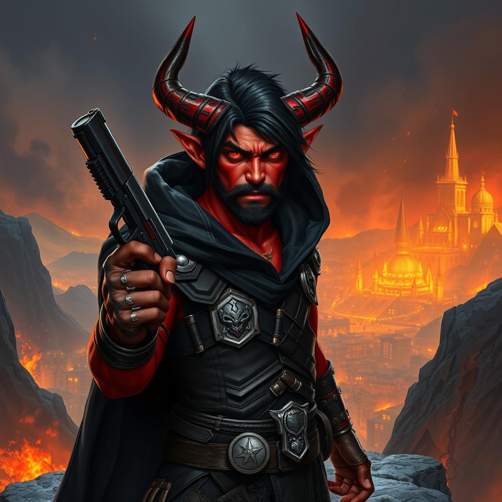 Gumong Steamfire, a 32-year-old young adult tiefling barbarian, standing at 180 cm tall, depicted in a striking fantasy setting