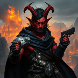 Gumong Steamfire, a 32-year-old young adult tiefling barbarian, standing at 180 cm tall, depicted in a striking fantasy setting