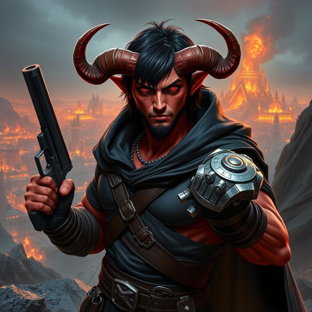 Gumong Steamfire, a 32-year-old young adult tiefling barbarian, standing at 180 cm tall, depicted in a striking fantasy setting