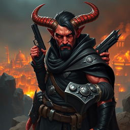 Gumong Steamfire, a 32-year-old young adult tiefling barbarian, standing at 180 cm tall, depicted in a striking fantasy setting