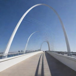 Design a bridge with strong inspiration from Santiago Calatrava, incorporating his distinctive style. Merge it subtly with a running torso concept, with the human form and movement influencing the structure's design.