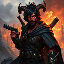 Gumong Steamfire, a 32-year-old young adult tiefling barbarian, depicted in a captivating fantasy scene