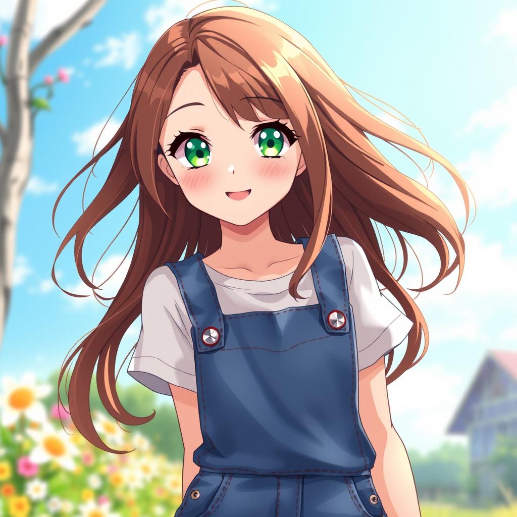 A vibrant anime illustration of an 18-year-old girl, featuring striking green eyes and long, flowing brown hair