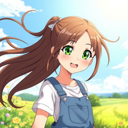 A vibrant anime illustration of an 18-year-old girl, featuring striking green eyes and long, flowing brown hair