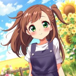 A vibrant anime illustration of an 18-year-old girl, featuring striking green eyes and long, flowing brown hair