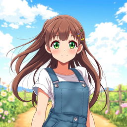 A vibrant anime illustration of an 18-year-old girl, featuring striking green eyes and long, flowing brown hair