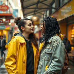 A chance meeting between two strangers in a vibrant urban setting, capturing the moment of their eyes meeting for the first time