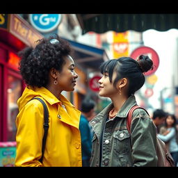 A chance meeting between two strangers in a vibrant urban setting, capturing the moment of their eyes meeting for the first time