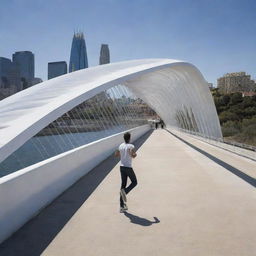 Design a bridge with strong inspiration from Santiago Calatrava, incorporating his distinctive style. Merge it subtly with a running torso concept, with the human form and movement influencing the structure's design.