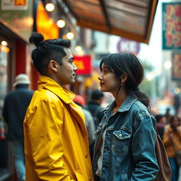 A chance meeting between two strangers in a vibrant urban setting, capturing the moment of their eyes meeting for the first time