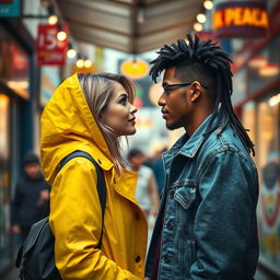 A chance meeting between two strangers in a vibrant urban setting, capturing the moment of their eyes meeting for the first time