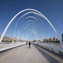 Design a bridge with strong inspiration from Santiago Calatrava, incorporating his distinctive style. Merge it subtly with a running torso concept, with the human form and movement influencing the structure's design.