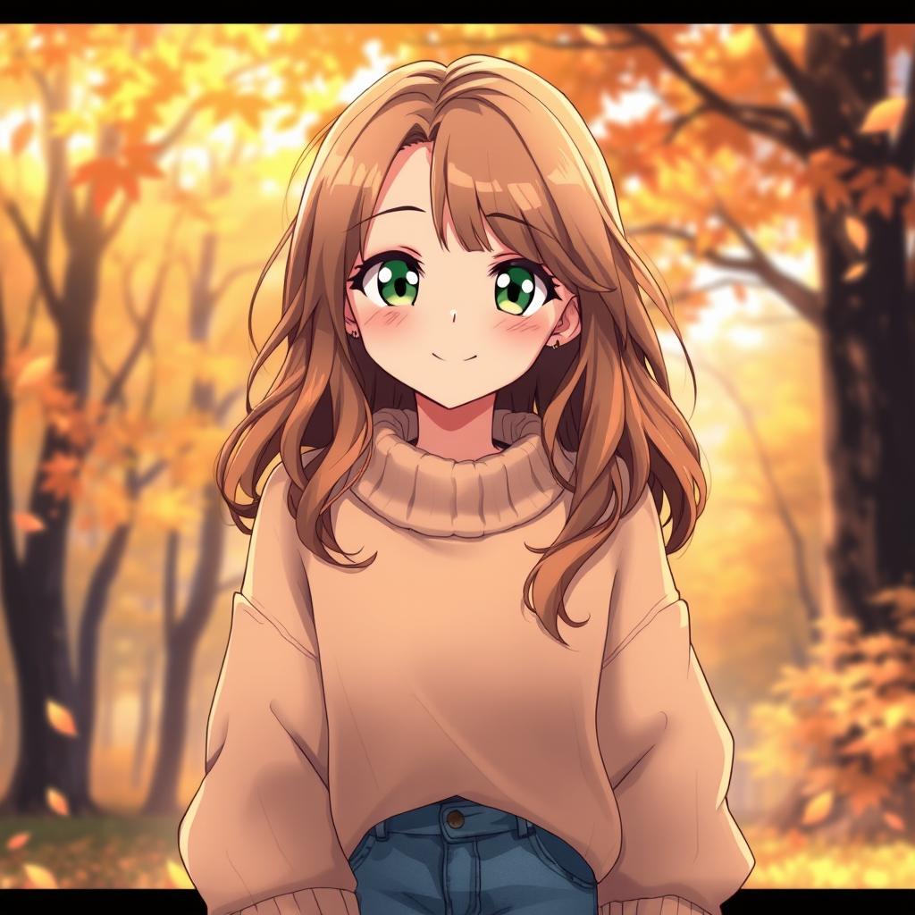 A lively anime illustration of an 18-year-old girl with vibrant green eyes and soft, wavy brown hair