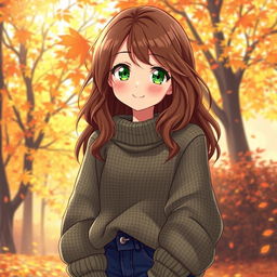 A lively anime illustration of an 18-year-old girl with vibrant green eyes and soft, wavy brown hair