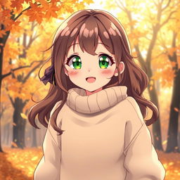 A lively anime illustration of an 18-year-old girl with vibrant green eyes and soft, wavy brown hair