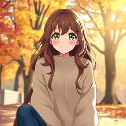 A lively anime illustration of an 18-year-old girl with vibrant green eyes and soft, wavy brown hair