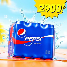 A vibrant, eye-catching advertisement showcasing a pack of Pepsi drinks