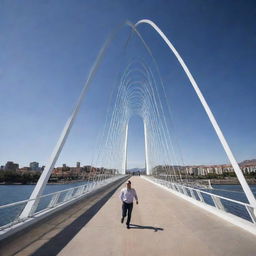 Design a bridge with strong inspiration from Santiago Calatrava, incorporating his distinctive style. Merge it subtly with a running torso concept, with the human form and movement influencing the structure's design.