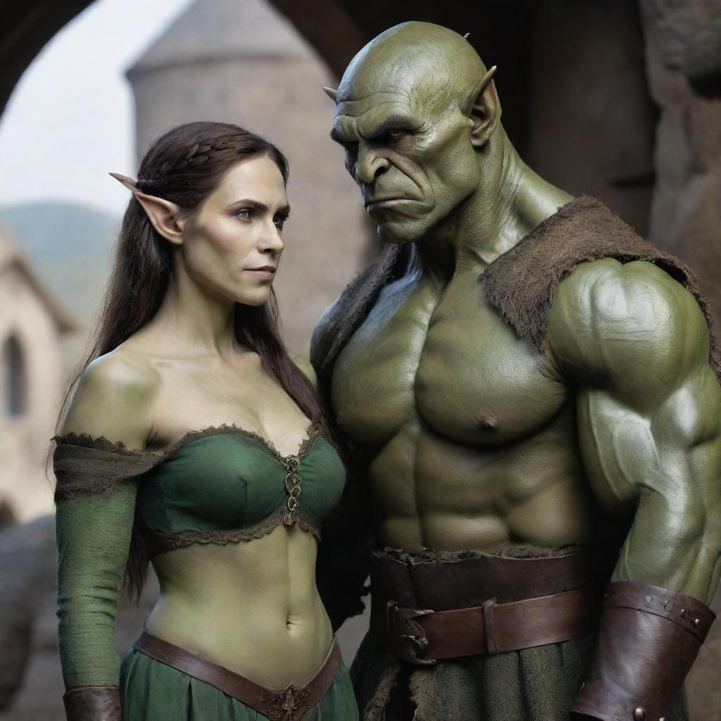 An orc husband towering in height, with muscular form and green skin, standing next to his elf wife, slender and elegant with fair skin, both wearing medieval attire. Their expressions showing fondness for one another.