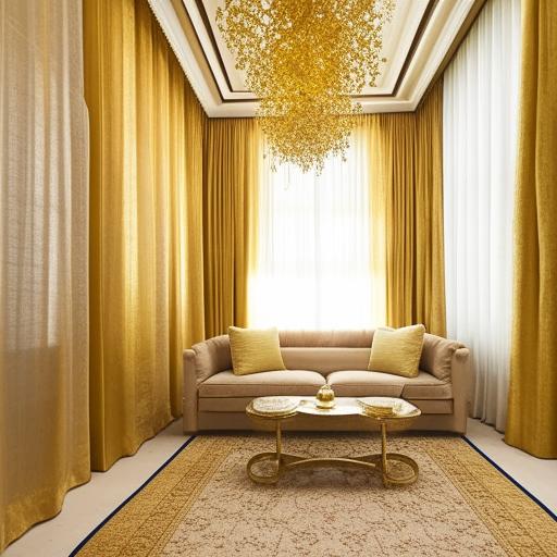 A contemporary high-ceilinged sitting room featuring SOP design, gold and beige curtains, a three-seater and two-seater sofa, a gold table, with a white and gold Persian rug beneath. The room is centered around a 60-inch television.