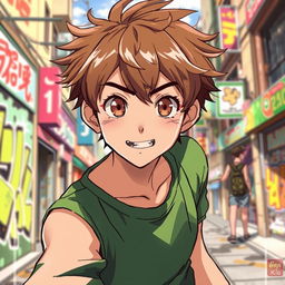 A dynamic anime illustration of an 18-year-old boy with warm hazel eyes and short, tousled brown hair