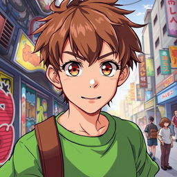 A dynamic anime illustration of an 18-year-old boy with warm hazel eyes and short, tousled brown hair