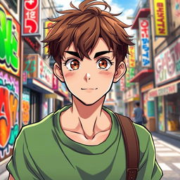 A dynamic anime illustration of an 18-year-old boy with warm hazel eyes and short, tousled brown hair