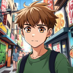 A dynamic anime illustration of an 18-year-old boy with warm hazel eyes and short, tousled brown hair