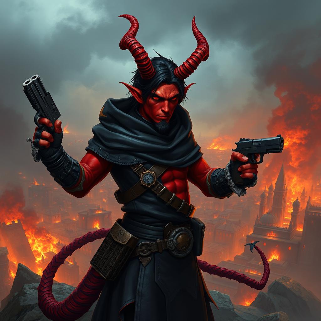 Gumong Steamfire, a 32-year-old young adult tiefling barbarian, depicted in a striking fantasy setting