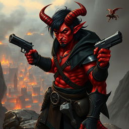 Gumong Steamfire, a 32-year-old young adult tiefling barbarian, depicted in a striking fantasy setting