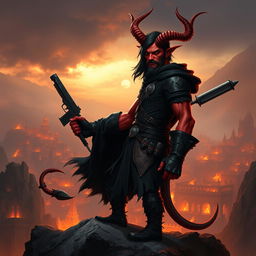 Gumong Steamfire, a 32-year-old young adult tiefling barbarian, depicted in a striking fantasy setting