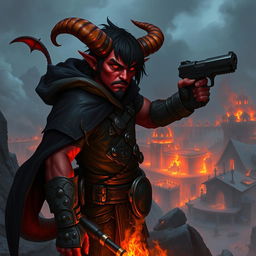 Gumong Steamfire, a 32-year-old young adult tiefling barbarian, depicted in a striking fantasy setting