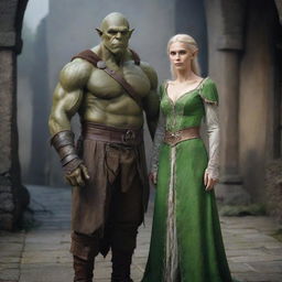 An orc husband towering in height, with muscular form and green skin, standing next to his elf wife, slender and elegant with fair skin, both wearing medieval attire. Their expressions showing fondness for one another.