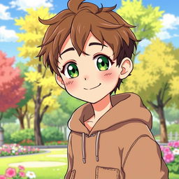 A charming anime illustration of an 18-year-old cute boy with bright green eyes and short, tousled brown hair