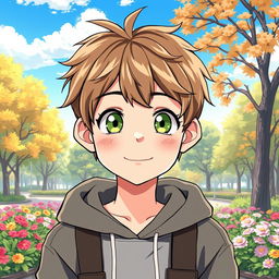 A charming anime illustration of an 18-year-old cute boy with bright green eyes and short, tousled brown hair