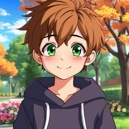 A charming anime illustration of an 18-year-old cute boy with bright green eyes and short, tousled brown hair