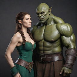 An orc husband towering in height, with muscular form and green skin, standing next to his elf wife, slender and elegant with fair skin, both wearing medieval attire. Their expressions showing fondness for one another.