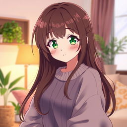 A delightful anime illustration of an 18-year-old cute and pretty girl with sparkling green eyes and flowing brown hair